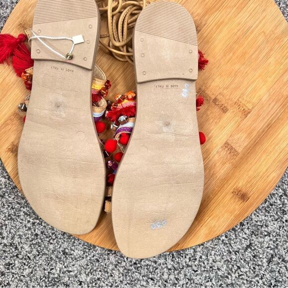 Sz 7.5 Barbara Barbieri Leather Lace Up Tassel Studded Pom Pom Strappy Sandals - Picture 12 of 13